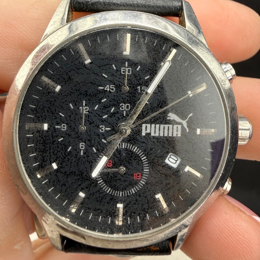 Puma Chronograph Watch Black Silver Leather Strap Date Sport Mens 7.5in